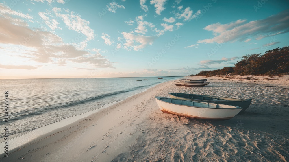 A serene beach scene with boats resting on the sand under a vibrant sky. A serene beach scene with boats resting on the sand under a vibrant sky.