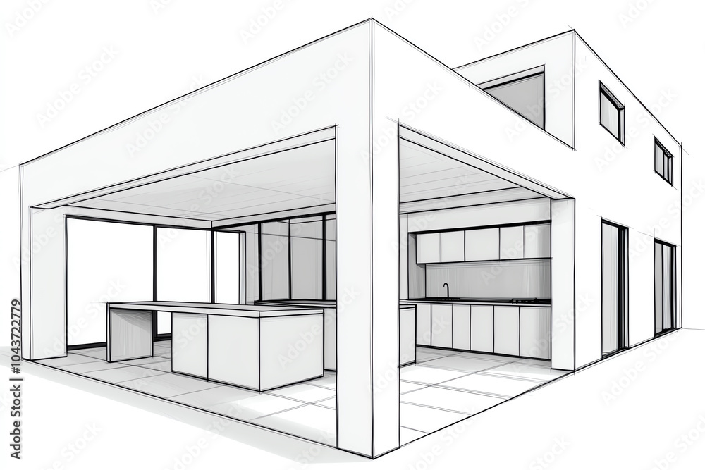 Architectural sketch of an openplan kitchen and living area, with clean, functional layout lines, interior, modern layout Architectural sketch of an openplan kitchen and living area, with clean, functional layout lines, interior, modern layout