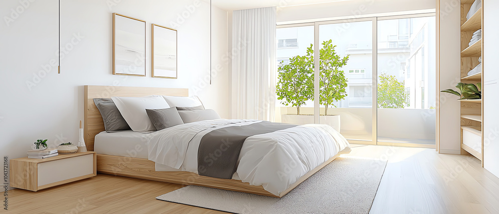 Explore the serenity of a neutral-toned bedroom featuring custom closet organizers for a minimalist lifestyle Explore the serenity of a neutral-toned bedroom featuring custom closet organizers for a minimalist lifestyle