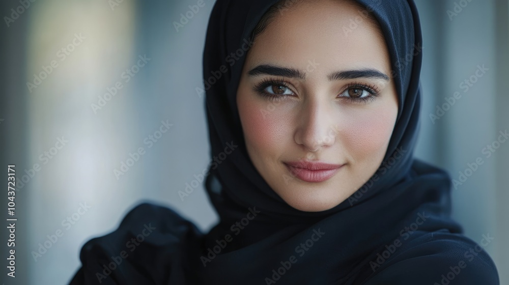 Close up of an attractive woman in a hijab with her arms crossed gazing directly at the camera Close up of an attractive woman in a hijab with her arms crossed gazing directly at the camera