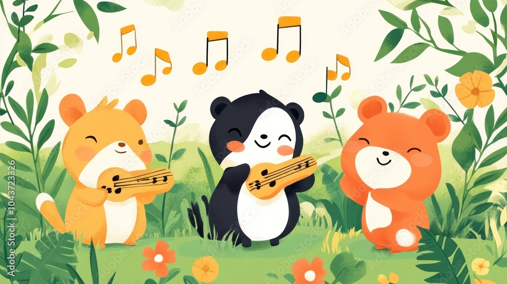 Naklejka premium Three cute cartoon bears playing music in a green forest with musical notes floating above them.