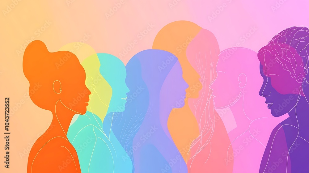 A line of colorful female silhouettes in profile.