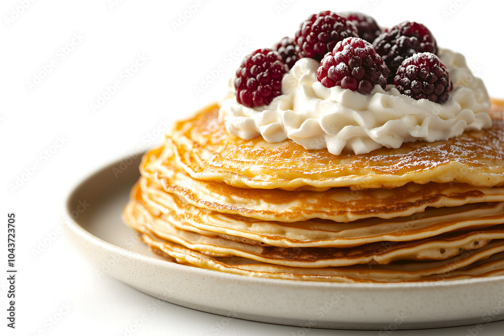 Stack of thin pancake topped with whipped cream and fresh raspberries, arranged on a minimalist plate isolated on white. Ideal for dessert menus, food blogs, or recipe websites.