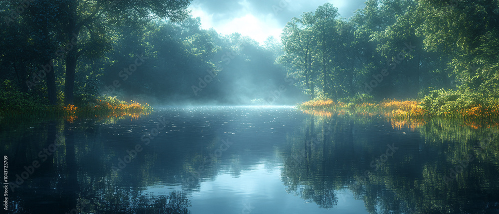 Obraz premium Serene MistShrouded Lake in a Lush Forest Landscape