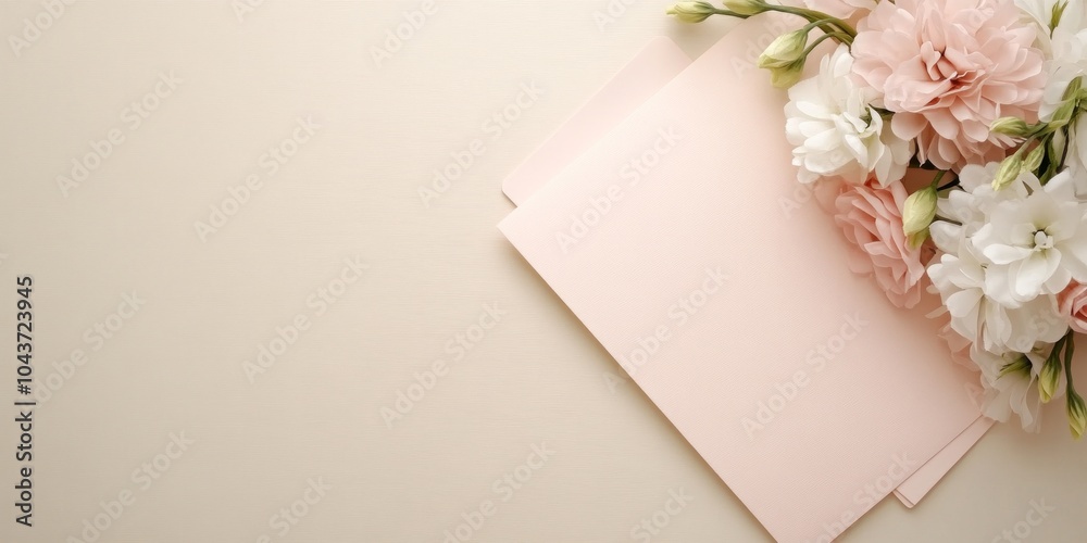 Elegant wedding invitation design featuring soft blush pink and light beige with delicate floral accents
