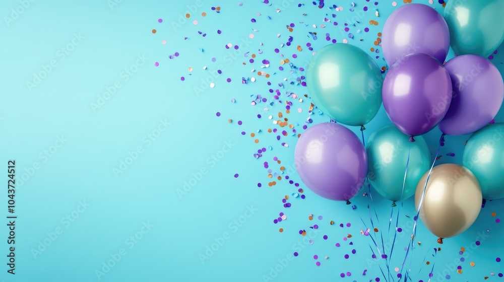 Vibrant teal and purple balloons adorned with confetti set against a lively blue backdrop ideal for celebration and festive event themes Vibrant teal and purple balloons adorned with confetti set against a lively blue backdrop ideal for celebration and festive event themes