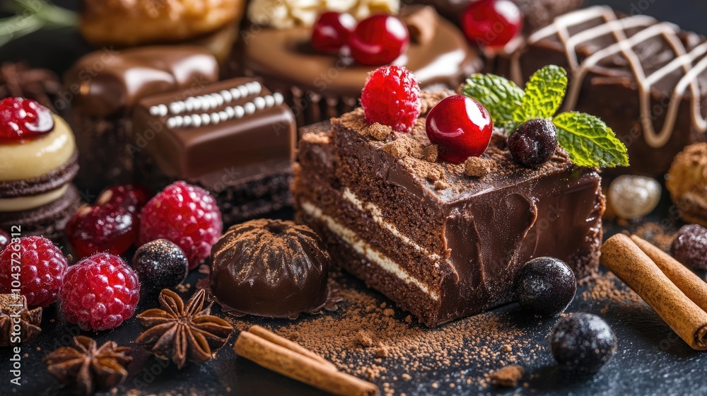 Aromatic cinnamon dessert assortment with a close up of decadent cakes and candies featuring a rich dark background that highlights freshness and flavor Aromatic cinnamon dessert assortment with a close up of decadent cakes and candies featuring a rich dark background that highlights freshness and flavor