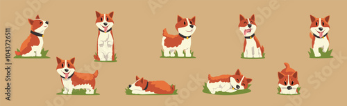 Funny Dog Puppy Character with Brown Coat and Collar Vector Set