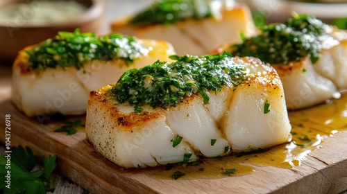 Cod brandade served on bread with a drizzle of parsley sauce photo