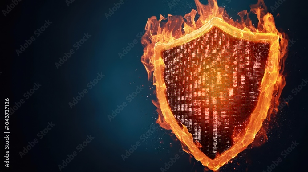 Fototapeta premium A fiery shield symbolizing protection and defense, glowing against a dark background, perfect for themes of security and strength.