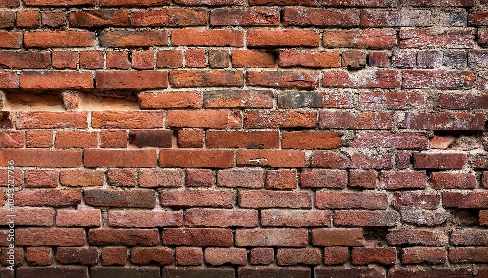 Fototapeta premium Close-up of an Aged and Weathered Red Brick Wall with Cracks, Erosion, and Uneven Brickwork. Ideal for Concepts of Urban Decay, Historical Architecture, and Industrial Texture Backgrounds