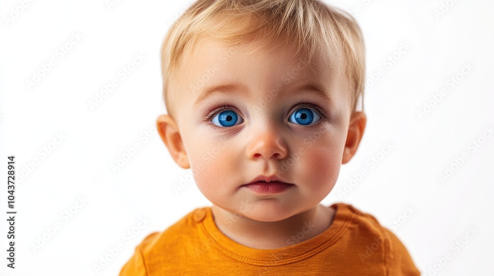 Infant with blue eyes and blonde hair standing upright Infant with blue eyes and blonde hair standing upright