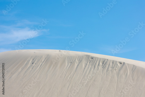 Summer landscape, White sand dune wall under blue sky, The Dutch north sea coastline is made up of coastal dune systems, Protect the land against the sea, Nature sand pattern texture background. photo