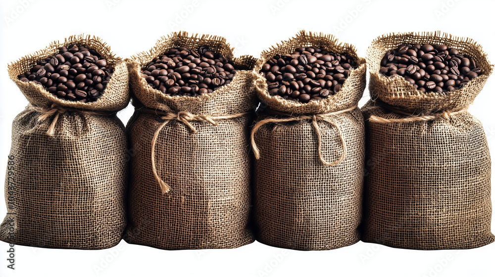 Burlap sacks filled with roasted coffee beans on white background Burlap sacks filled with roasted coffee beans on white background