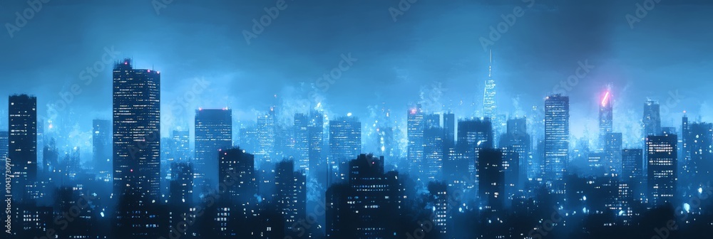 Obraz premium Night Cityscape with Fog and Neon Lights