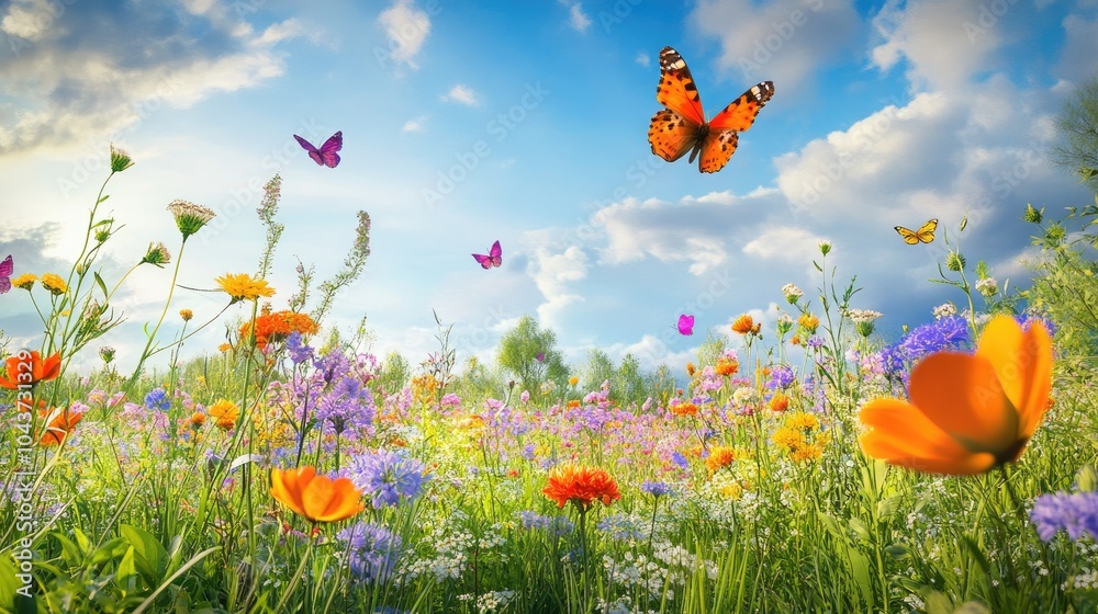 Obraz premium Meadow filled with blooming flowers and fluttering butterflies