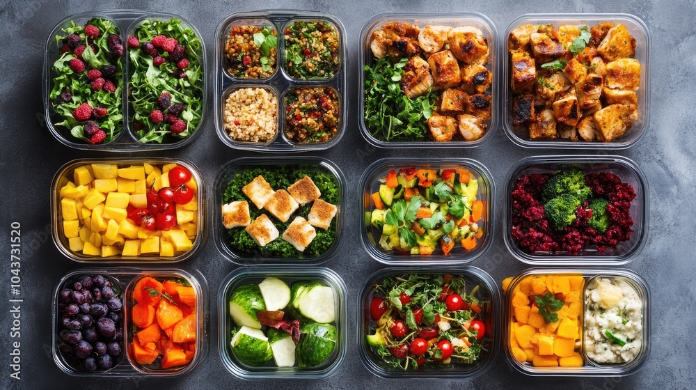 A vibrant arrangement of meal prep containers brimming with appetizing fresh dishes perfect for health focused individuals and organized meal planning A vibrant arrangement of meal prep containers brimming with appetizing fresh dishes perfect for health focused individuals and organized meal planning