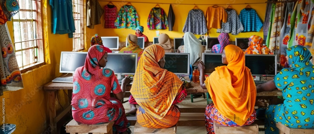 Fototapeta premium Classroom full of women in colorful clothing working at computer-filled desks. Yellow walls, colorful decor, natural light create a bright, cheerful atmosphere.