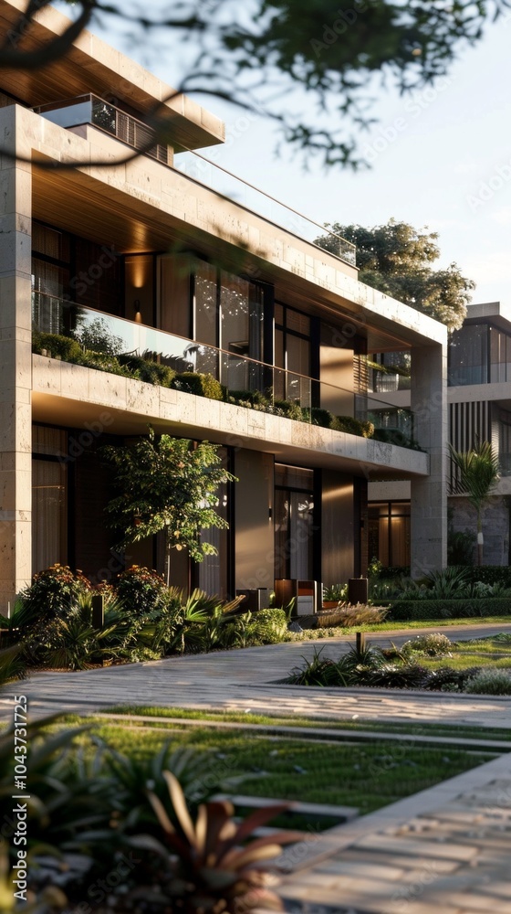 A modern three-story residential building with glass windows, balconies, and a garden with various plants exudes a peaceful vibe on a sunny day.