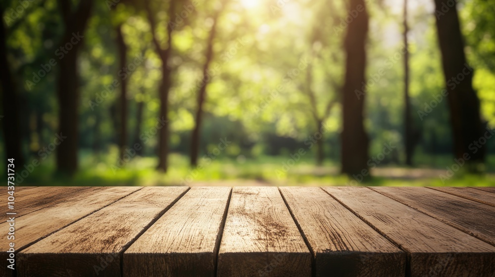Empty wooden table with blurred trees in the background creating a serene atmosphere for product placement Empty wooden table with blurred trees in the background creating a serene atmosphere for product placement