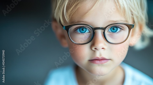 Portrait of a young child with blond hair and bright blue eyes wearing glasses and looking directly at the camera emphasizing the importance of health and vision care for children photo