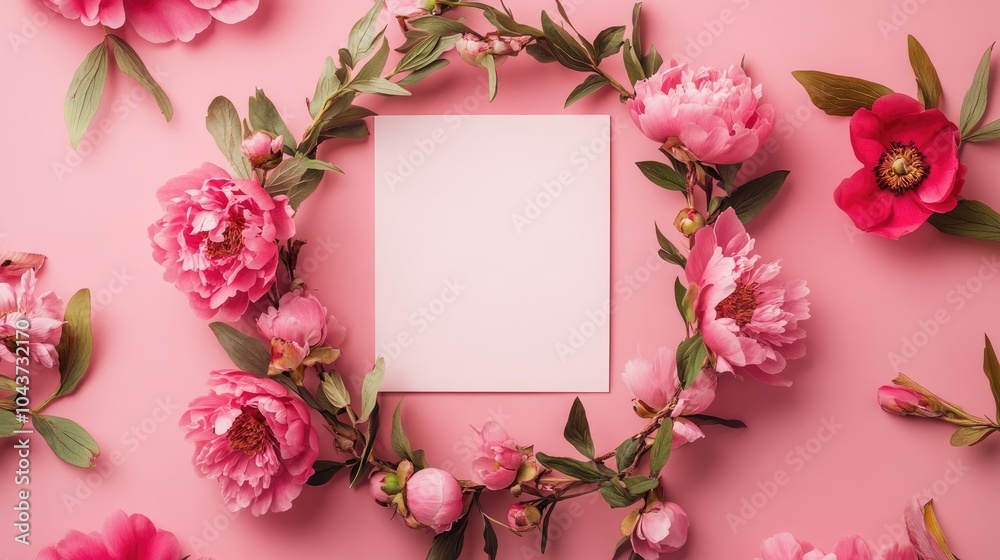 A stylish mockup template for Valentine s Day and Mother s Day showcasing a pink peony wreath and a blank square paper on a pink backdrop with ample copy space A stylish mockup template for Valentine s Day and Mother s Day showcasing a pink peony wreath and a blank square paper on a pink backdrop with ample copy space