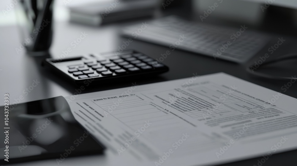 A workspace featuring a calculator and financial documents, emphasizing organization and analysis.