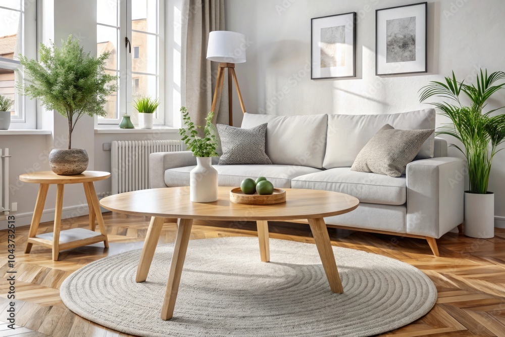 Fototapeta premium Round wood coffee table against white sofa