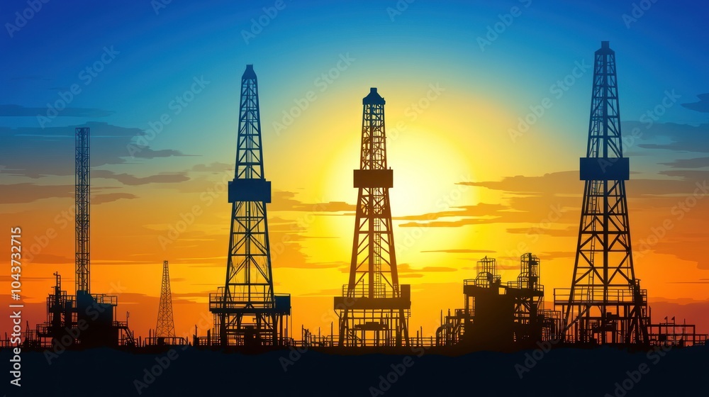 Silhouette of oil rigs against a vibrant sunset sky.