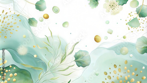 Delicate abstract botanical design with golden accents on a soft white background and copy space for text