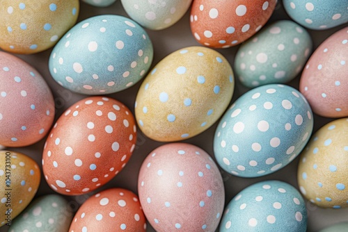 Colorful decorated Easter eggs arranged closely, showcasing vibrant patterns in a festive display suitable for spring celebrations photo