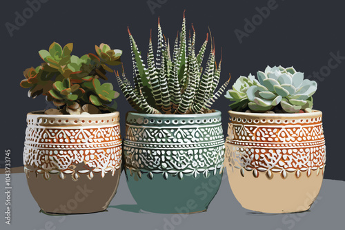 Mix types of Echeveria Succulent Flowering Plants, Indoor Houseplant Pot on Table Top White Background