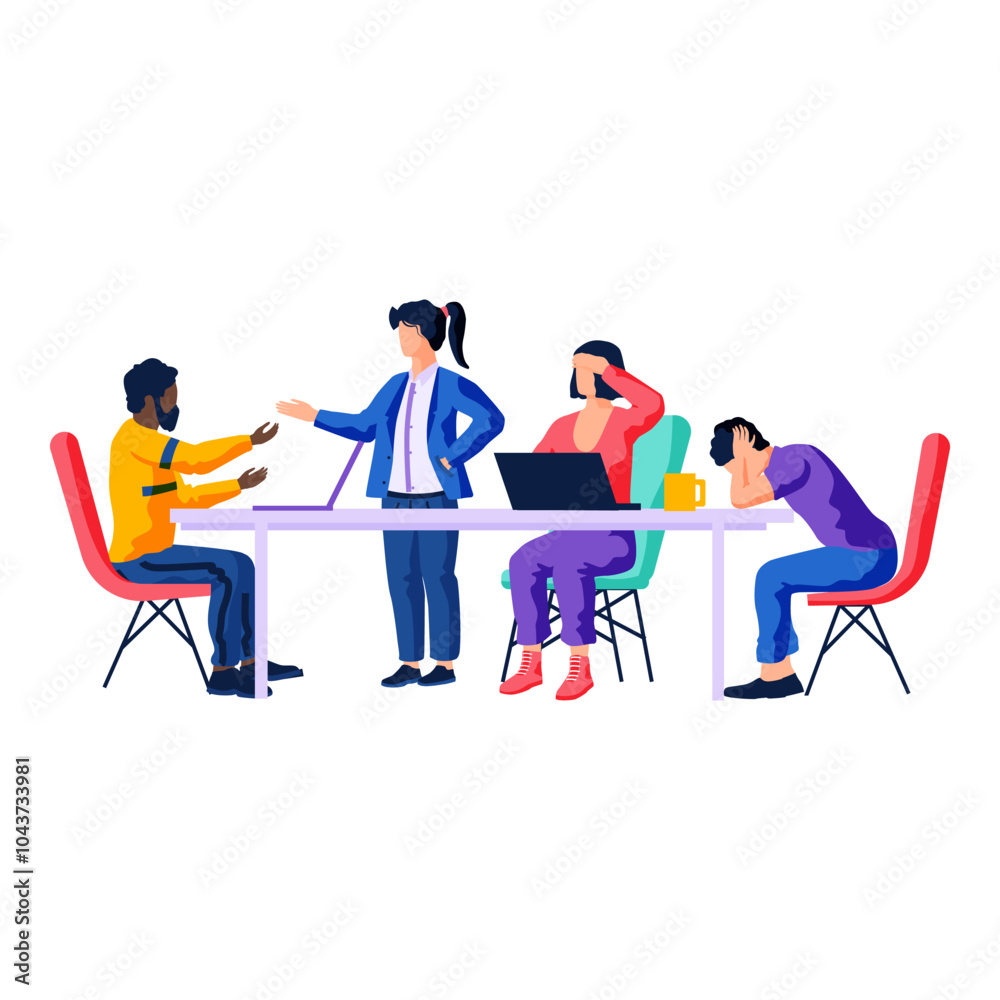 Fototapeta premium Business people communicate in office, solve complex problem. Colleagues together during work. Characters discussing tasks at workplace. Working meeting, communication, dialogue, conversation concept
