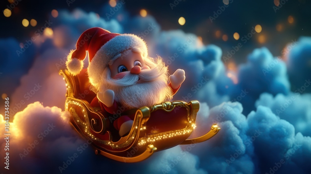 Obraz premium A cartoon character dressed as Santa Claus is riding a sleigh through the clouds