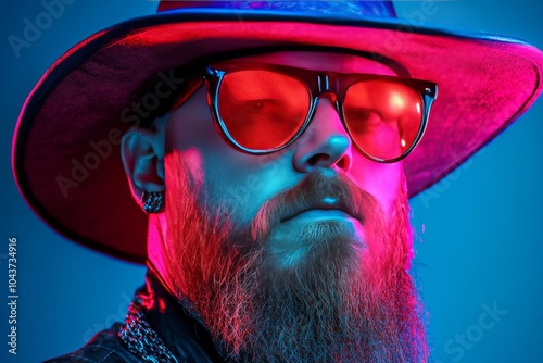 Bearded man wearing a cowboy hat and red tinted sunglasses exuding rugged charm bold Western inspired style and an adventurous spirit in a striking outdoor setting photo