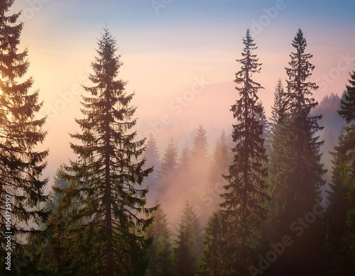 Misty fir forest at dawn with soft pastel hues and a calming retro feel enveloping the landscape. Generative AI