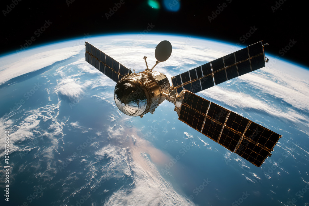 Close-up of a communication satellite with antennas extended, hovering above Earth's surface. Close-up of a communication satellite with antennas extended, hovering above Earth's surface.