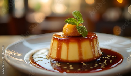 Caramel-drizzled flan, food photography, cozy restaurant background, focus on the rich texture of the dessert and its elegant presentation, photo