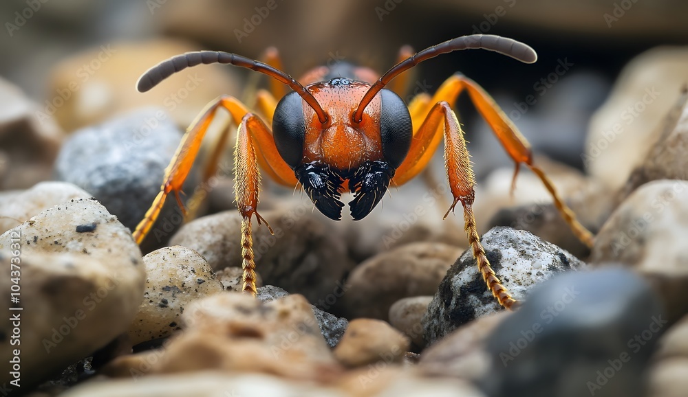 Close-up of an ant on rocks, macro photography of the head and legs of orange ants walking among pebbles. Macro photo of a red, yellow, and black small, Close-up of an ant on rocks, macro photography of the head and legs of orange ants walking among pebbles. Macro photo of a red, yellow, and black small,