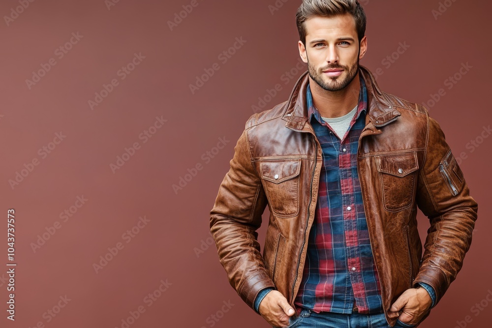 Man in a brown leather jacket and plaid shirt standing confidently ...