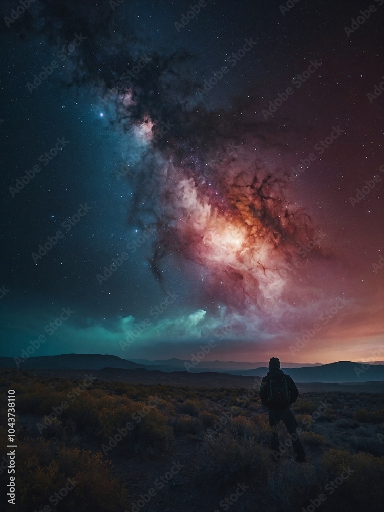 Fototapeta premium A stunning celestial cinematic where vibrant nebulae swirl amidst an ethereal mist, illuminated by a divine, shimmering light