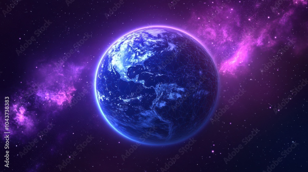 Obraz premium Abstract image planet Earth in the form of a starry sky or space, consisting of points, lines, and shapes in the form of planets, stars and the universe. Earth vector wireframe concept. Blue purple.