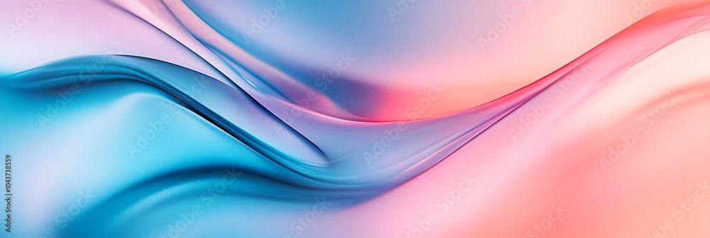 Fototapeta premium Ethereal waves of pastel pink and turquoise blue intertwine in a mesmerizing abstract composition, creating a serene and dreamlike panoramic visual symphony.