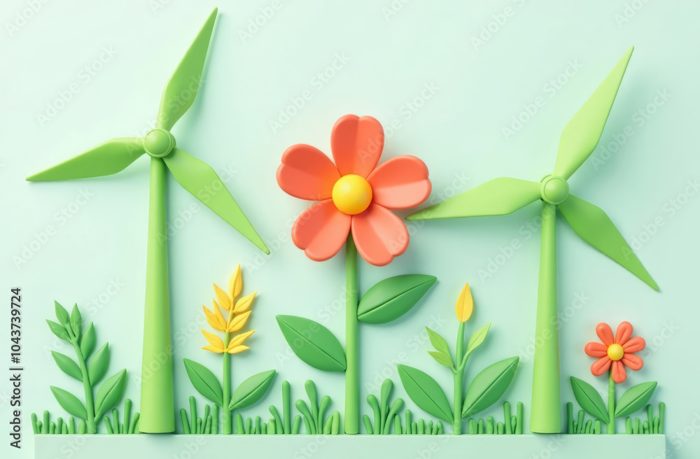 Obraz premium Eco-friendly energy concept with wind turbines and nature elements for sustainability design