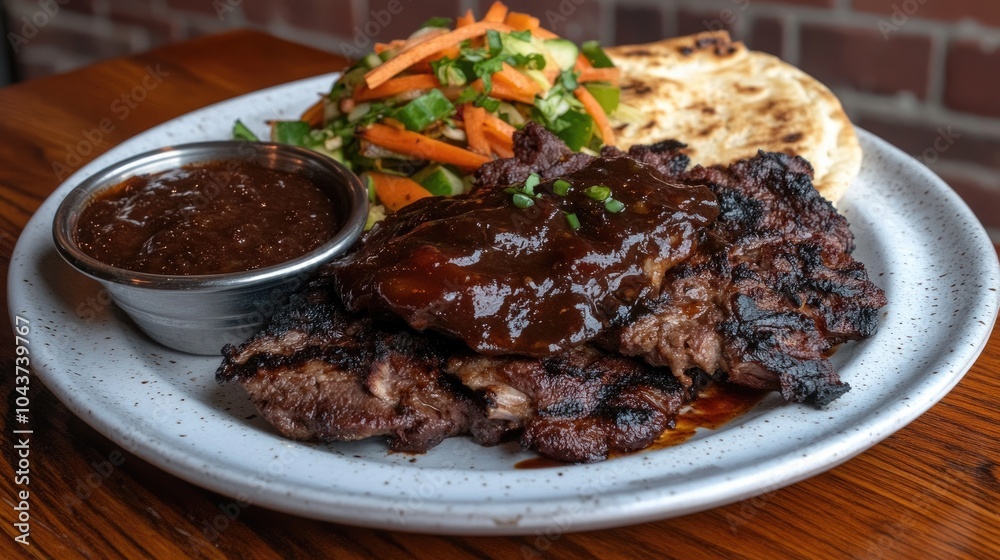 A plate of perfectly grilled kebabs served with pita bread, fresh vegetables, and a side of dipping sauce on a rustic wooden table. A plate of perfectly grilled kebabs served with pita bread, fresh vegetables, and a side of dipping sauce on a rustic wooden table.