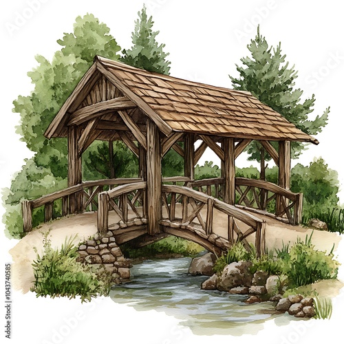 Watercolor Illustration of a Wooden Bridge Over a Stream in a Forest.