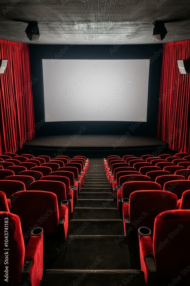 Fototapeta premium Symmetrical Cinema Theater View with Red Velvet Seats, Empty Screen, and Dramatic Lighting - Cinematic Anticipation and Grandeur