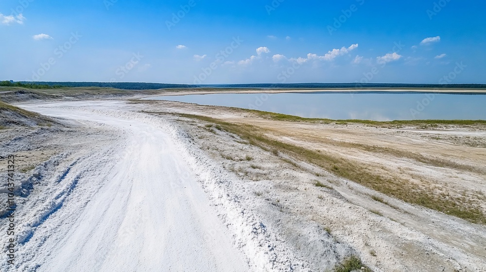 A serene landscape featuring a sandy path beside a calm lake. A serene landscape featuring a sandy path beside a calm lake.