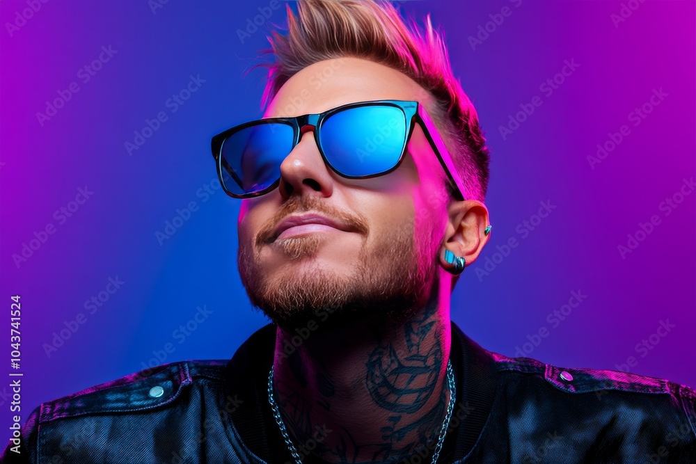 Portrait of man with sunglasses and mohawk hairstyle in front of purple and blue neon lights symbolizing bold contemporary fashion and rebellious energy