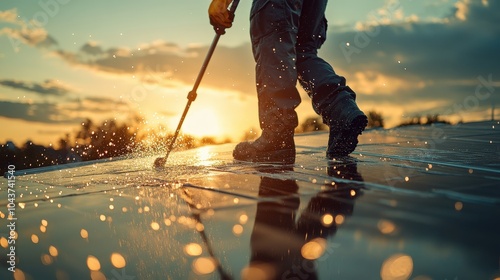 Worker using pressure washer on roof with sunset in background, creating reflections and droplets.